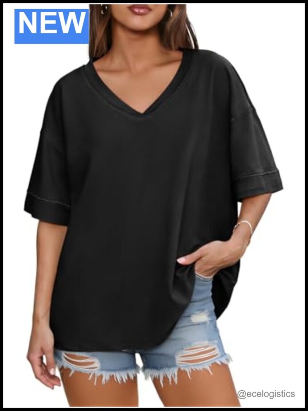 Oversized V Neck Short Sleeve Tunic Tee, Summer Casual, Loose Fit Top